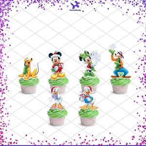 May include: Six Christmas-themed cupcake toppers featuring Mickey Mouse, Minnie Mouse, Goofy, Pluto, and Donald Duck and Daisy Duck. The toppers are all wearing festive hats and scarves.