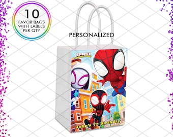 Spidey and his Amazing Friends Party Favor Bags, Personalized Superhero Birthday Gift, Custom Spider man Decorations, Set of 10