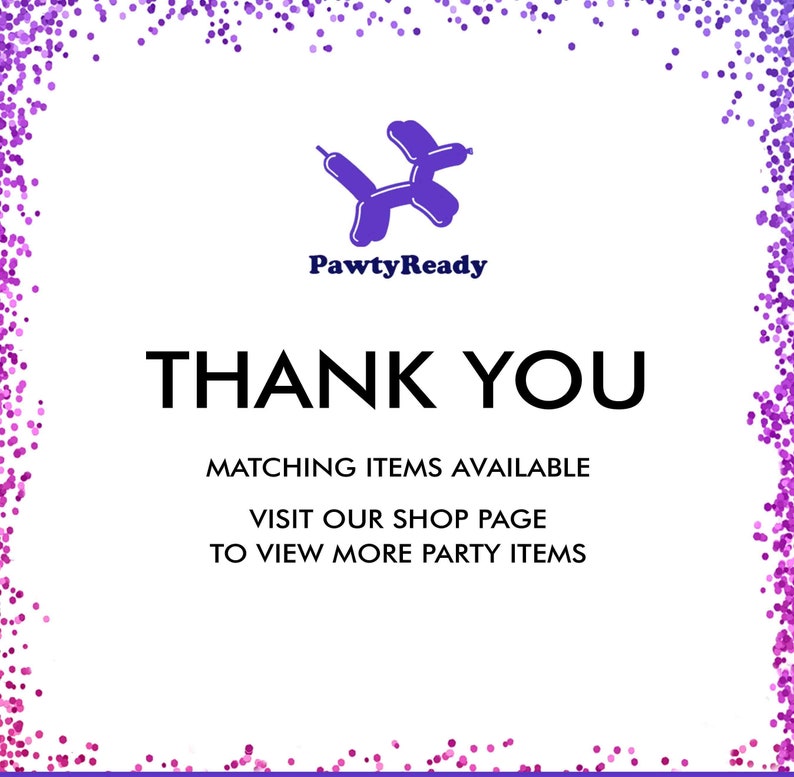 Puede incluir: Tarjeta de agradecimiento con una ilustraci&oacute;n de un perro de globo morado y el texto "PawtyReady". La tarjeta tambi&eacute;n incluye el texto "Gracias", "Art&iacute;culos coincidentes disponibles", "Visita nuestra p&aacute;gina de la tienda" y "Para ver m&aacute;s art&iacute;culos para fiestas".