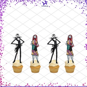 Op de afbeelding: Vier cupcake-toppers met personages uit The Nightmare Before Christmas. De toppers zijn Jack Skellington en Sally. De toppers zijn gedrukt op karton en bevestigd aan een houten stokje.