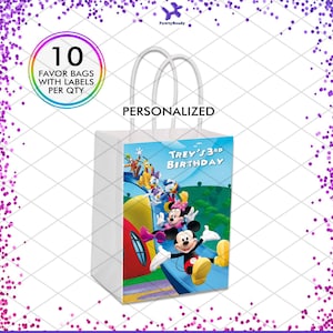 May include: A set of 10 personalized favor bags featuring Mickey Mouse and friends. The bags are white with blue handles and a colorful image of Mickey Mouse, Minnie Mouse, Donald Duck, Goofy, and Pluto on a blue slide. The text "Trey's 3rd Birthday" is printed on the bag.