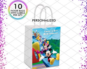 Bolsas de regalo de Mickey Mouse ClubHouse, regalo de cumpleaños personalizado para niños, decoraciones para Minnie, Donald, Daisy, Pluto, Goofy, juego de 10