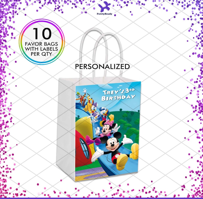 May include: A set of 10 personalized favor bags featuring Mickey Mouse and friends. The bags are white with blue handles and a colorful image of Mickey Mouse, Minnie Mouse, Donald Duck, Goofy, and Pluto on a blue slide. The text "Trey's 3rd Birthday" is printed on the bag.