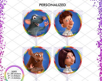 Ratatouille Personalized Stickers, Custom Chef Mouse Birthday Party Favor, Round Labels for Lollipop, Gift, Tag, Seal, Decoration, Rat Mouse