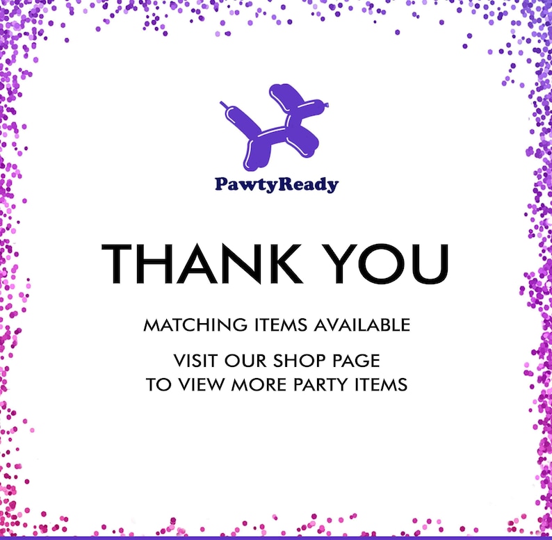 Op de afbeelding: Witte achtergrond met een paarse glitterrand. De tekst "THANK YOU" staat in grote, vette, zwarte letters. Daaronder staat in kleinere tekst "MATCHING ITEMS AVAILABLE" en "VISIT OUR SHOP PAGE TO VIEW MORE PARTY ITEMS."