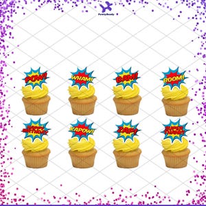 Puede incluir: Ocho cupcakes con glaseado amarillo y adornos estilo c&oacute;mic. Los adornos presentan palabras como "POW!", "WHAM!", "BAM!", "BOOM!", "HAPPY BIRTHAY", "KAPOW!", "ZAP!" y "SUPER THANKS!" sobre un fondo blanco.
