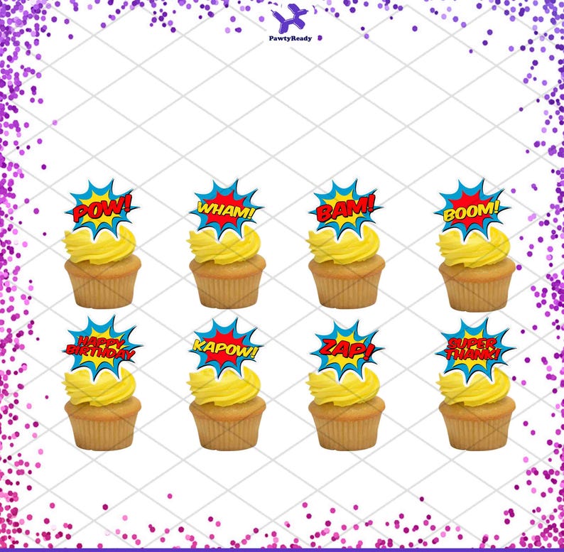 Puede incluir: Ocho cupcakes con glaseado amarillo y adornos estilo c&oacute;mic. Los adornos presentan palabras como "POW!", "WHAM!", "BAM!", "BOOM!", "HAPPY BIRTHAY", "KAPOW!", "ZAP!" y "SUPER THANKS!" sobre un fondo blanco.