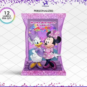May include: A personalized purple party favor bag featuring Daisy Duck and Minnie Mouse. The bag has a glittery border and the text "Happy Birthday Isabella". The bag also has the text "12 Labels Per Qty".