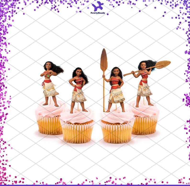 Puede incluir: Cuatro adornos para cupcakes con Moana de la pel&iacute;cula de Disney Moana. Cada adorno presenta a Moana en una pose diferente, incluyendo una con un remo. Los adornos est&aacute;n impresos en papel comestible y son perfectos para decorar cupcakes para una fiesta con tem&aacute;tica de Moana.