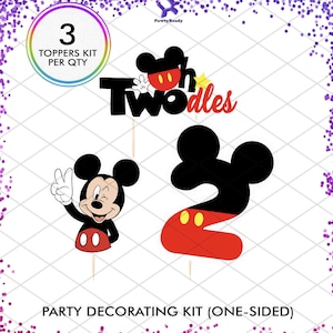 May include: Party decorating kit with three Mickey Mouse-themed toppers. Includes a black and red number two, a Mickey Mouse character with a peace sign, and a "Two-dles" topper. The kit is one-sided.