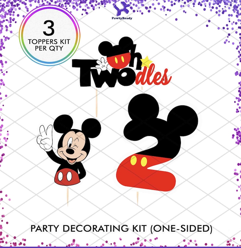 May include: Party decorating kit with three Mickey Mouse-themed toppers. Includes a black and red number two, a Mickey Mouse character with a peace sign, and a "Two-dles" topper. The kit is one-sided.