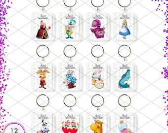 Alice in Wonderland keychains, Personalized Photo Keyring, Double sided Tea Party Birthday Party favor, Gift for Storybook Lover, Set of 12