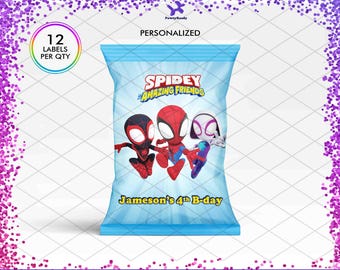 Custom Spidey and his Amazing Friends Chip Bags, Superhero Potato Snack Party Favor Gift, Personalized Birthday Treat Candy Label Wrapper