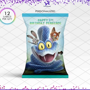 May include: A personalized party favor bag featuring a blue snake with yellow eyes, a rabbit, and a fox. The bag has the text "HAPPY 5TH BIRTHDAY PENELOPE". The bag also has a label that says "12 LABELS PER QTY".