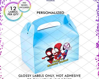 Spidey and his Amazing Friends Gable Box labels, Personalized Superhero Party label, Custom Favor Treat Gift for Kid's Spiderman Birthday