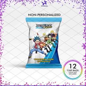 May include: A white chip bag with a blue border and a Beyblade Burst logo. The bag features a group of characters from the Beyblade Burst anime series. The text "Thanks for Coming!" is printed on the bag. There is a separate circle with the text "12 Chip Bags Food Not Included".