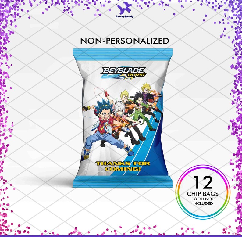 May include: A white chip bag with a blue border and a Beyblade Burst logo. The bag features a group of characters from the Beyblade Burst anime series. The text "Thanks for Coming!" is printed on the bag. There is a separate circle with the text "12 Chip Bags Food Not Included".