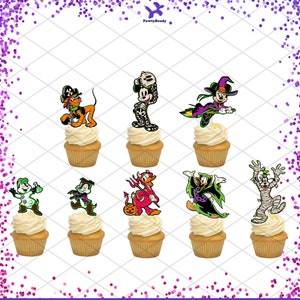 May include: Set of 9 Halloween cupcake toppers featuring various Disney characters dressed in costumes. The characters include Mickey Mouse, Goofy, Donald Duck, Pluto, and Chip and Dale. The toppers are printed on cardstock and are perfect for adding a festive touch to your Halloween cupcakes.