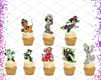 May include: Set of 9 Halloween cupcake toppers featuring various Disney characters dressed in costumes. The characters include Mickey Mouse, Goofy, Donald Duck, Pluto, and Chip and Dale. The toppers are printed on cardstock and are perfect for adding a festive touch to your Halloween cupcakes.