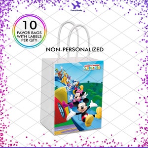 May include: White favor bags with Mickey Mouse Clubhouse characters on the front. The bag has a white handle and says "Mickey Mouse Clubhouse" on the front. 10 favor bags with labels per quantity. Non-personalized.