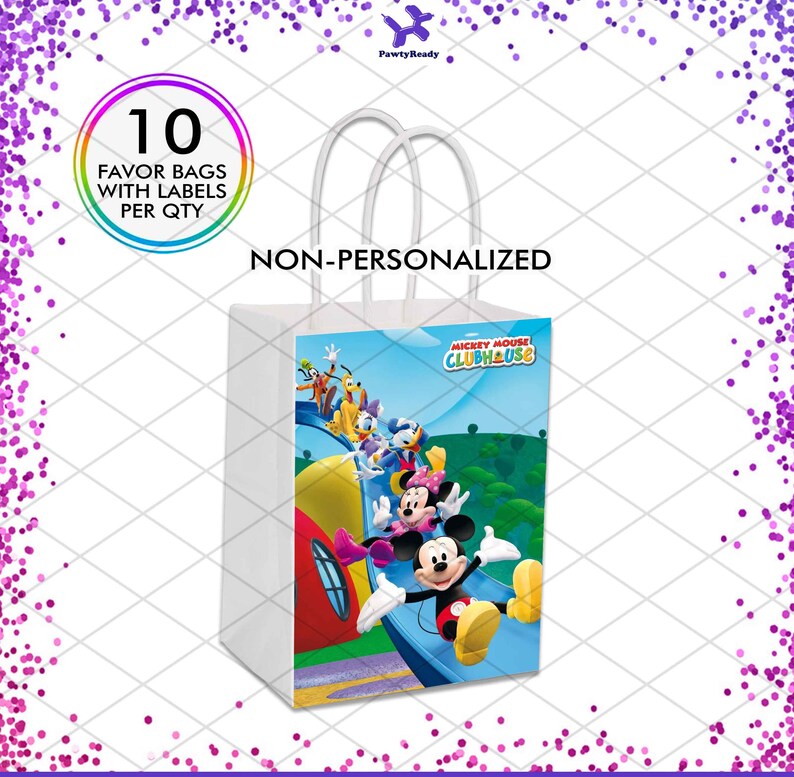 May include: White favor bags with Mickey Mouse Clubhouse characters on the front. The bag has a white handle and says "Mickey Mouse Clubhouse" on the front. 10 favor bags with labels per quantity. Non-personalized.