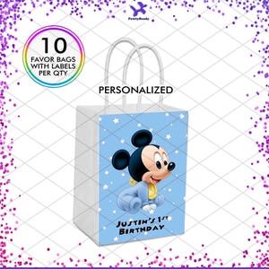 Mickey Mouse Favor Bags, Personalized 1st Birthday and Baby Shower Gift, Decorations for Girl Gender Reveal