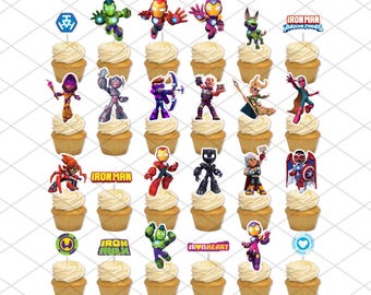 Iron man and his Awesome Friends Cupcake Toppers Cake Birthday Party Decors Avengers Superhero Armor up Iron heart Iron hulk, SET04