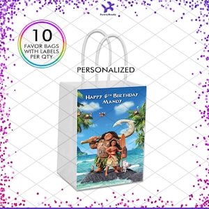 May include: Personalized white favor bags with a Moana theme. The bag features a colorful image of Moana and Maui on a tropical island. The text "Happy 6th Birthday Mandy" is printed on the bag. 10 favor bags with labels per quantity.