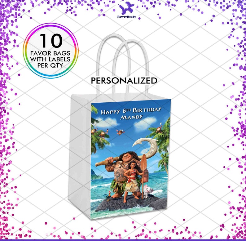 May include: Personalized white favor bags with a Moana theme. The bag features a colorful image of Moana and Maui on a tropical island. The text "Happy 6th Birthday Mandy" is printed on the bag. 10 favor bags with labels per quantity.