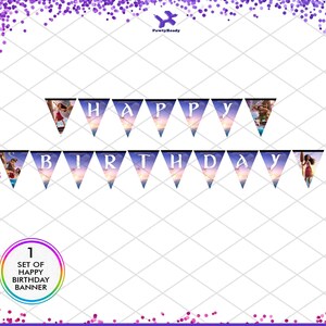 May include: A set of 12 triangle-shaped banner flags with images of characters from the animated movie Moana. The flags spell out "Happy Birthday".