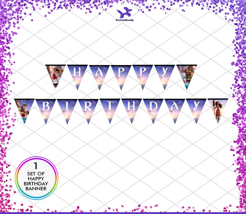 May include: A set of 12 triangle-shaped banner flags with images of characters from the animated movie Moana. The flags spell out "Happy Birthday".