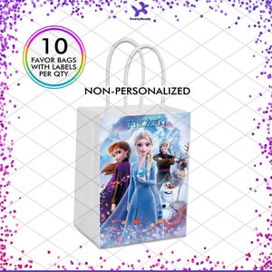 May include: A set of 10 white favor bags with handles, featuring a printed design of the characters from the movie Frozen. The bags are labeled "NON-PERSONALIZED" and include a Frozen logo. Each bag is designed to hold small gifts or treats.