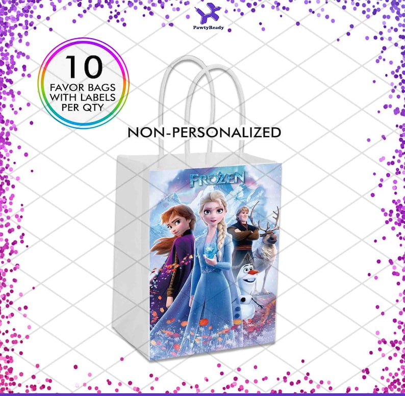 May include: A set of 10 white favor bags with handles, featuring a printed design of the characters from the movie Frozen. The bags are labeled "NON-PERSONALIZED" and include a Frozen logo. Each bag is designed to hold small gifts or treats.