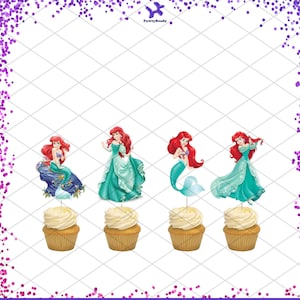 K&ouml;nnte beinhalten: Vier Cupcake-Topper mit Arielle aus Die kleine Meerjungfrau. Die Topper zeigen Arielle in verschiedenen Posen, darunter als Meerjungfrau, in ihrer menschlichen Form und in ihrem Prinzessinnenkleid. Die Topper sind auf Karton gedruckt und perfekt, um Ihren Cupcakes einen Hauch von Disney-Magie zu verleihen.