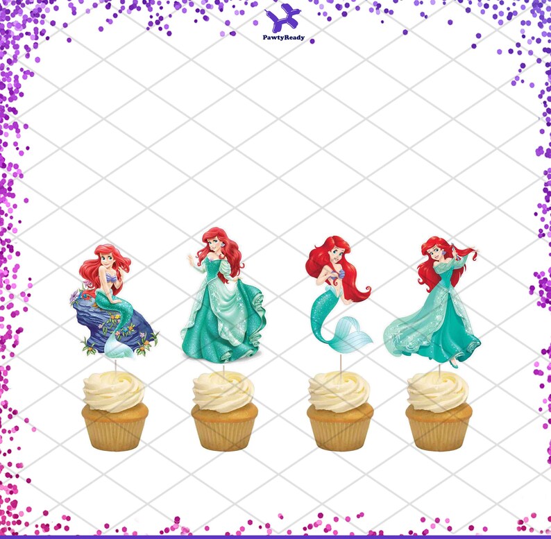 K&ouml;nnte beinhalten: Vier Cupcake-Topper mit Arielle aus Die kleine Meerjungfrau. Die Topper zeigen Arielle in verschiedenen Posen, darunter als Meerjungfrau, in ihrer menschlichen Form und in ihrem Prinzessinnenkleid. Die Topper sind auf Karton gedruckt und perfekt, um Ihren Cupcakes einen Hauch von Disney-Magie zu verleihen.