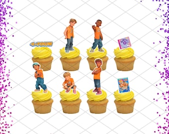 May include: Cupcakes with yellow frosting and character toppers. The toppers feature images of animated characters in orange shirts and blue jeans. Some cupcakes have a "4-Town" logo and a CD image. The cupcakes are arranged on a white background.