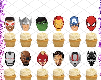 Avengers Cupcake Toppers Birthday Party Decorations Super Hero Thor Hulk Iron Man Captain America Spiderman Black Panther Dr. Strange Widow
