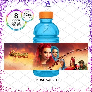 May include: Eight personalized 12 oz. water bottle labels featuring a photo of the cast from the movie 'Sky High' with the text 'Skylar's 9th Birthday'.