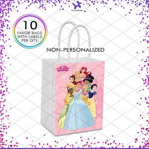May include: A set of 10 white favor bags with pink handles. The bags feature a Disney Princesses design with a pink background and a group of princesses including Cinderella, Ariel, Belle, and Tiana. The text "NON-PERSONALIZED" is printed on the front of the bags.