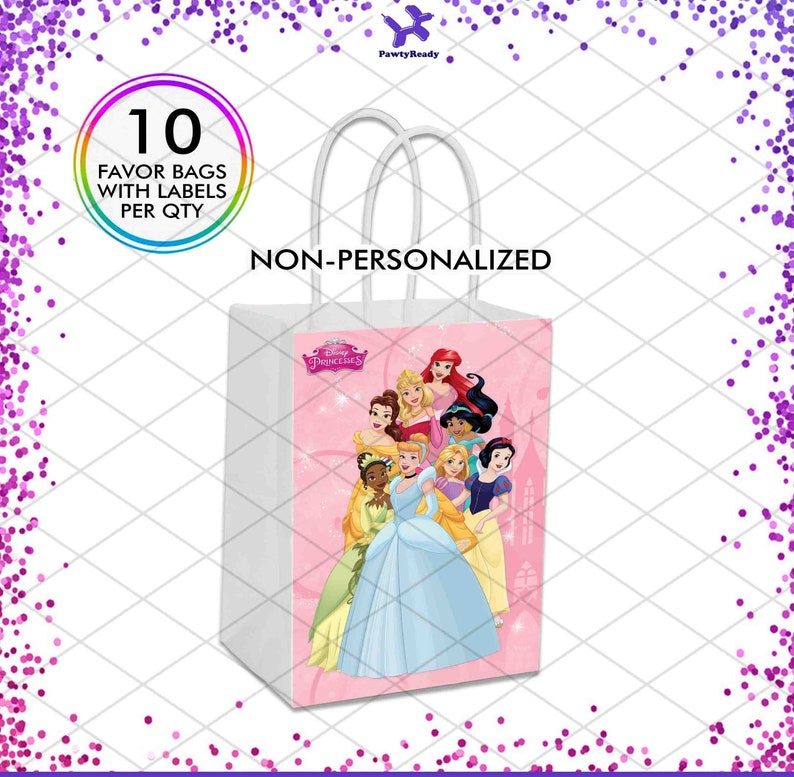 May include: A set of 10 white favor bags with pink handles. The bags feature a Disney Princesses design with a pink background and a group of princesses including Cinderella, Ariel, Belle, and Tiana. The text "NON-PERSONALIZED" is printed on the front of the bags.