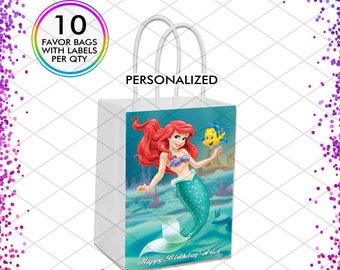 Ariel Mermaid Party Favor Bags, Personalized Little Mermaid Birthday, Princess Girl Under the Sea Creatures Decorations, Set of 10