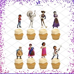 May include: Set of 8 cupcake toppers featuring characters from the animated film Coco. The toppers include Miguel, Hector, Mama Imelda, Dante, and more. The toppers are printed on cardstock and are perfect for adding a festive touch to your Coco-themed party.