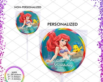 Etiquetas adhesivas de la princesa Ariel de Mi Sirenita de Disney, bolsas de regalo para fiestas de cumpleaños, suministros para cajas, Flounder, Eric, Ursula, Rey Tritón, mar