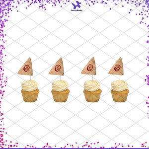Puede incluir: Cuatro cupcakes con glaseado blanco cubiertos con una vela de papel marr&oacute;n y rojo con un dise&ntilde;o de espiral. La vela est&aacute; en un palillo.