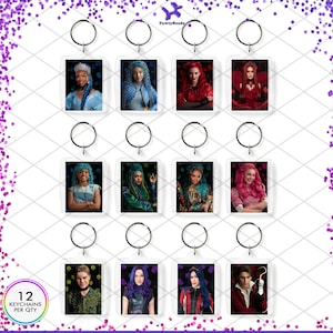 May include: Twelve different character keychains featuring characters from the movie Descendants. The keychains are all in a clear plastic frame with a silver metal ring. The characters include Mal, Evie, Carlos, Jay, Uma, Harry, Gil, and Celia.