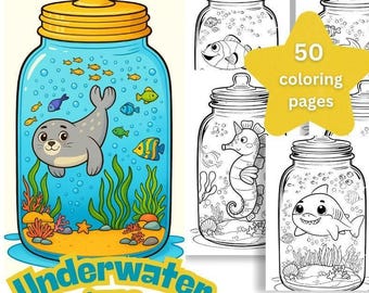 Cute Summer Coloring pages of Sea Life, Ocean Wonders in a Jar, 50 Underwater Jar Coloring Pages, Relaxing Activity for Adults and Kids.