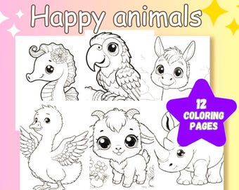 Summer Coloring Book, Cute Kawaii animals 12 Pages,  Relaxing and vacation Activity for Adults and Kids | pdf , A4 Digital Download