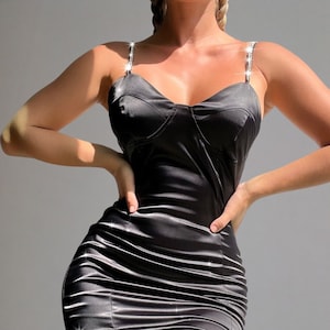Satin Bodycon Mini Dress with Crystal Straps | Glam Cocktail Dress | Red or Black | Date Night Outfit