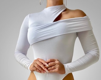 Long sleeve, mock neck bodysuit, double layered, cut out soft and stretchy bodysuits