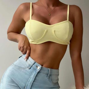 Bustier Ribbed Crop Top – Mint, Yellow, Peach | Curved Stitch Bralette Top | Flattering Summer Tank for Women